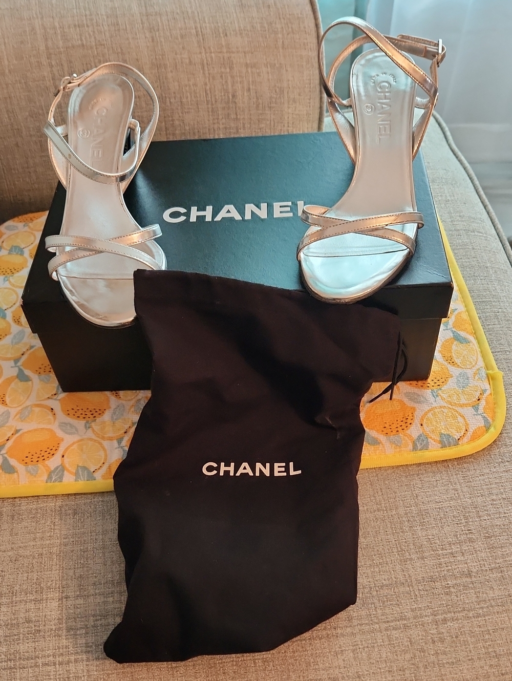 CHANEL Metallic Silver Strappy High Heel Sandals